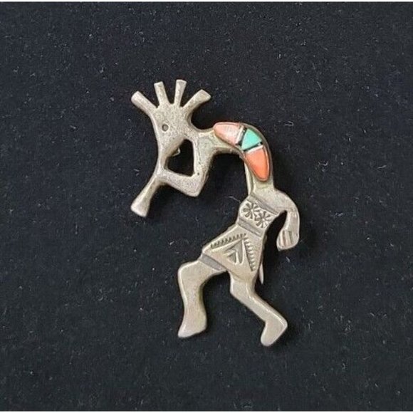 Navajo Kokopelli Pendant Brooch Sterling Turquoise Fire Coral "M" Arnold Maloney - Picture 1 of 5